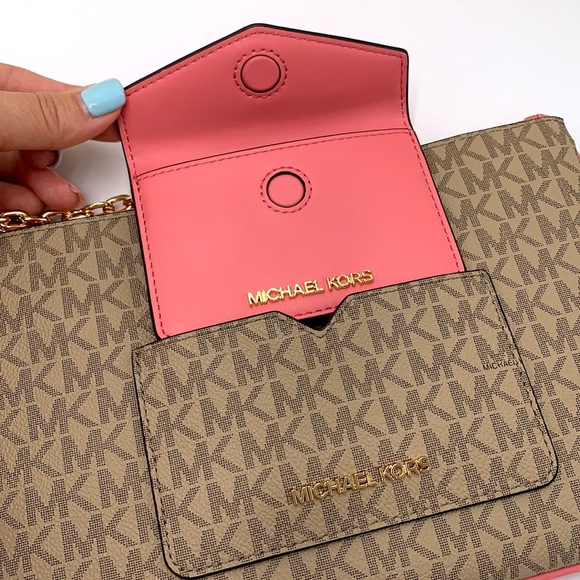 Michael Kors Jet Set LG 2 in 1 card case wristlet Wallet TEA ROSE COLOR - Picture 2 of 16